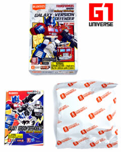 Representative box contents for Blokees Defender Version Wave 01: Shattered Alliance model kits, including retail packaging, collector card, and sealed parts bag.