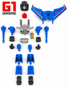 Blokees Defender Version Wave 01 Shattered Alliance Thundercracker parts layout showing all model kit pieces arranged before assembly.