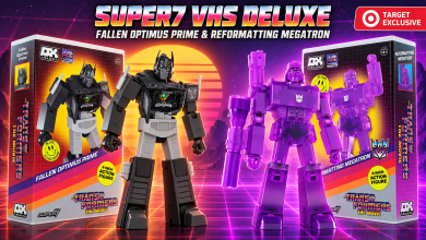 Super7 VHS Deluxe Fallen Optimus Prime and Reformatting Megatron with retro Transformers VHS-style packaging.